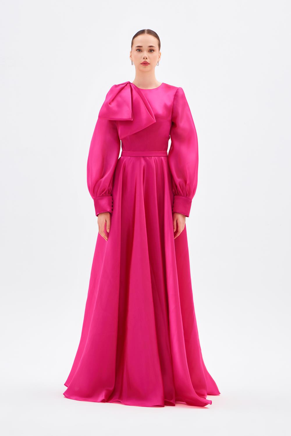 long-sleeve satin gown with sculpted shoulder bow – FUCHSIAE