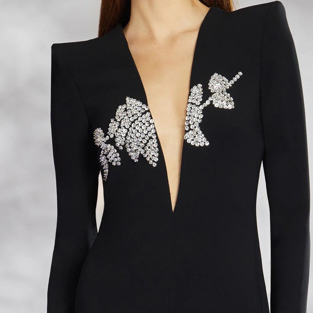 deep-V gown with crystal floral embellishment – FARID