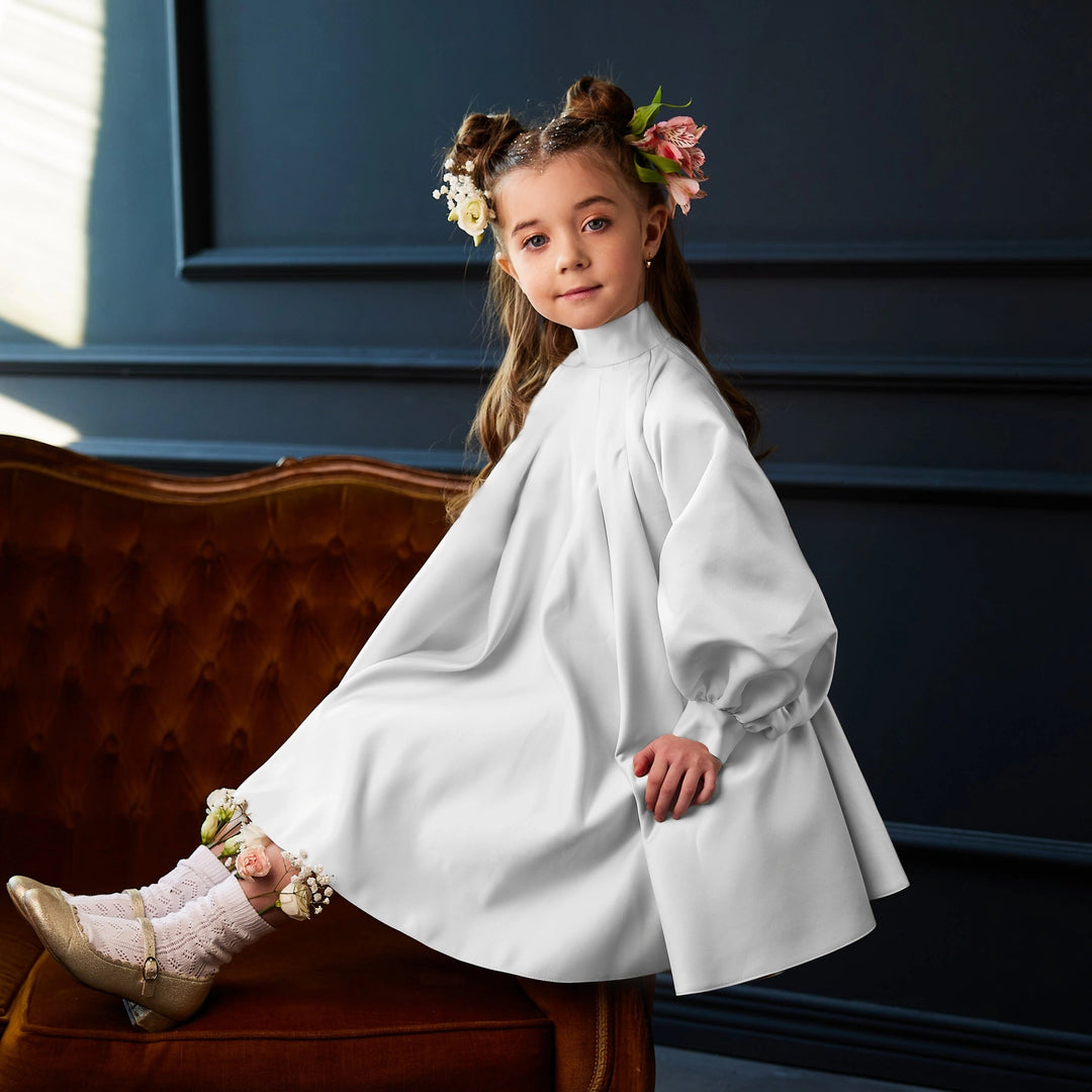 High-Neck A-Line Dress with Balloon Sleeves – PETALIA