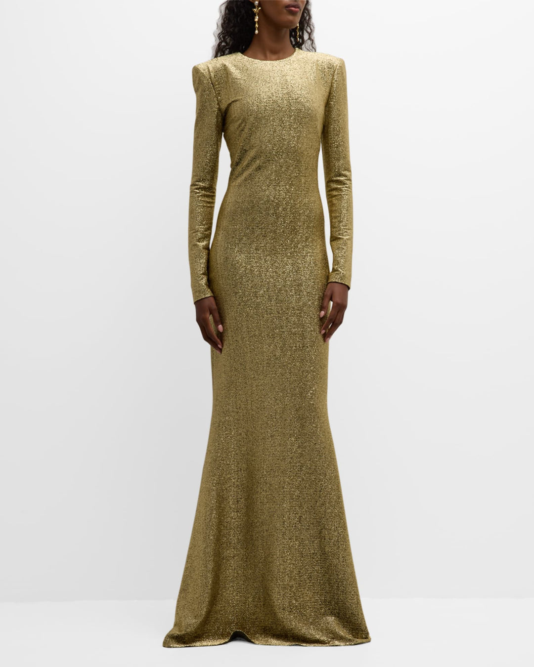 metallic long-sleeve gown with flared hem – AURORA