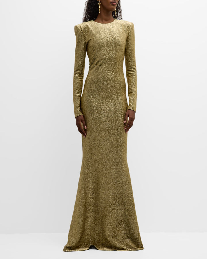metallic long-sleeve gown with flared hem – AURORA