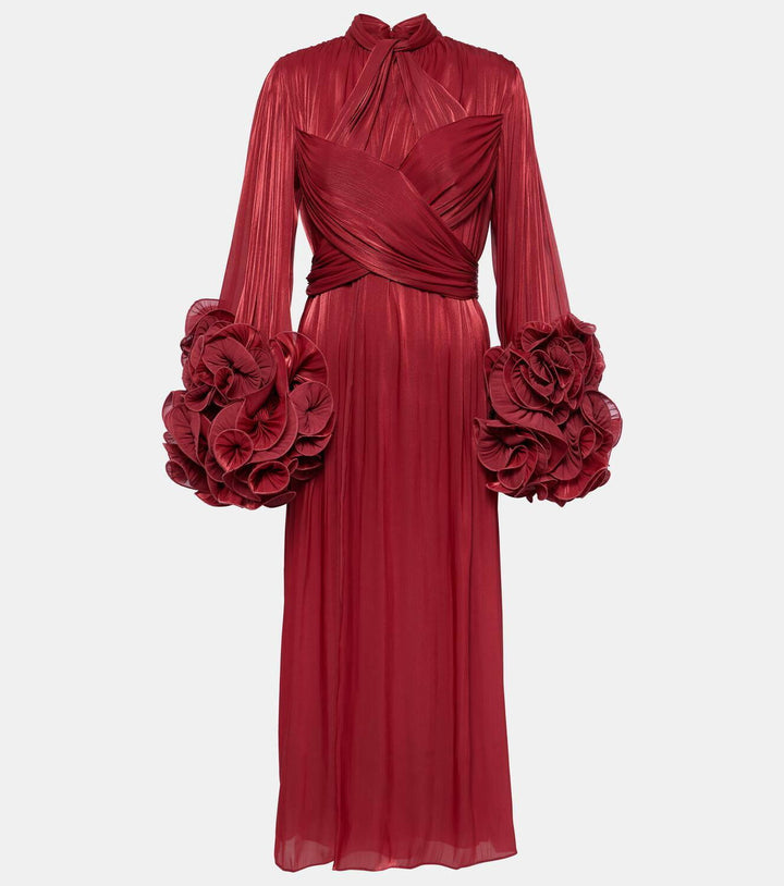 pleated chiffon midi dress with floral cuffs – FUCHSIA