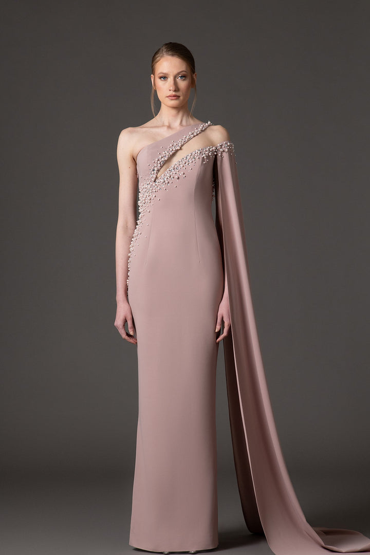 one-shoulder pearl-embellished column gown with draped cape – AURELIS