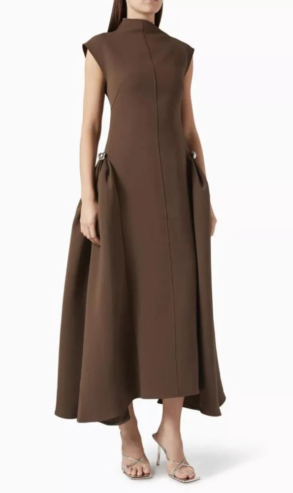 high-neck sculpted maxi dress with structured silhouette – SERENE