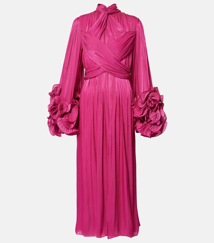 pleated chiffon midi dress with floral cuffs – FUCHSIA