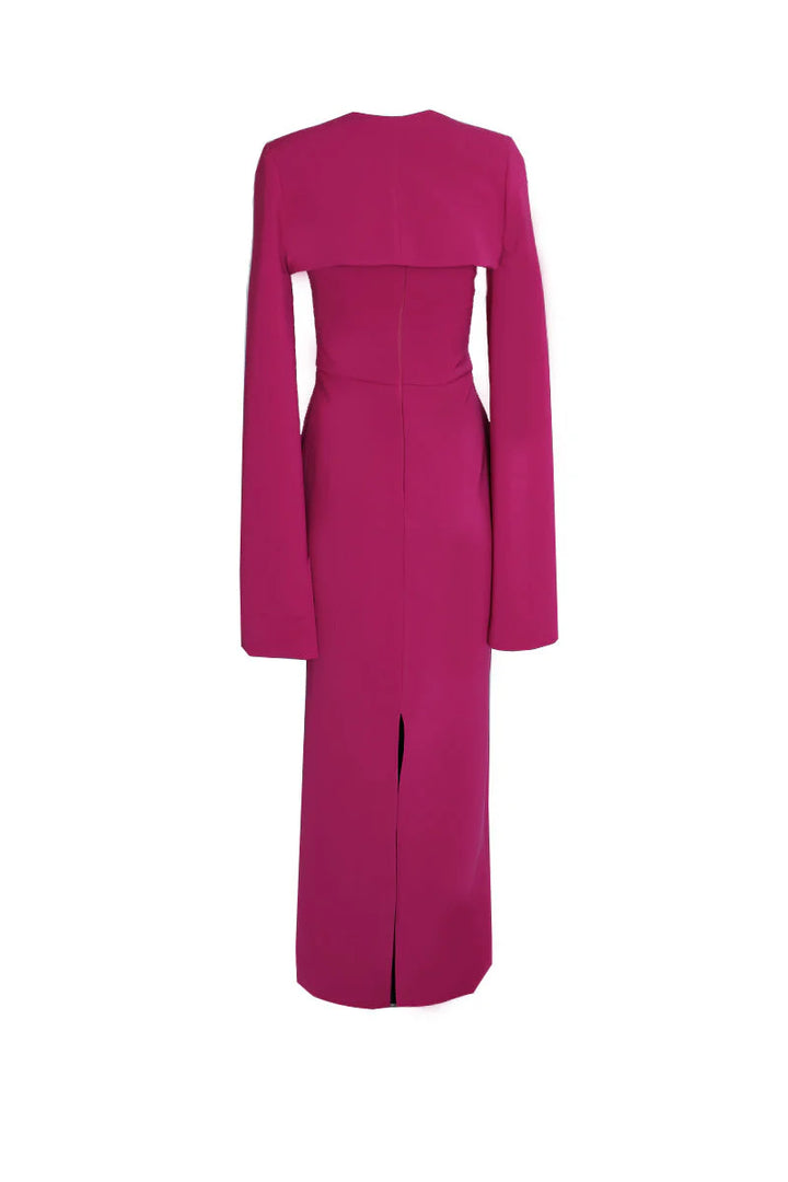 فستان غير متماثل بكتف واحد وأكمام على شكل كيب – الفوشيا
