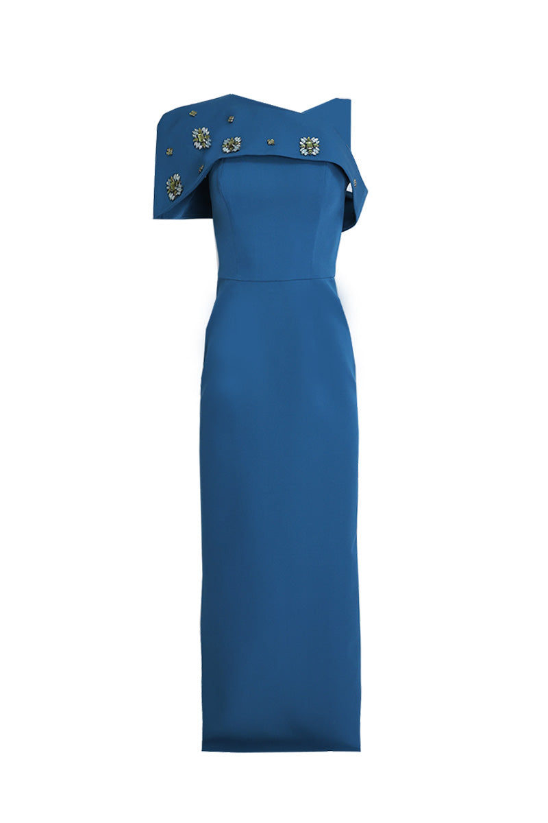 فستان عمودي بكتف واحد مع طبقة من الكاب المزخرف – أزوريه