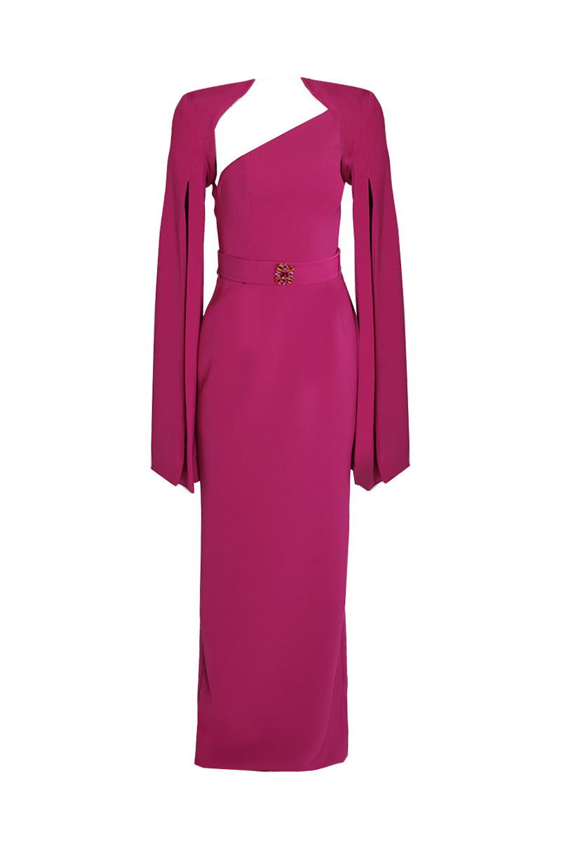 فستان غير متماثل بكتف واحد وأكمام على شكل كيب – الفوشيا