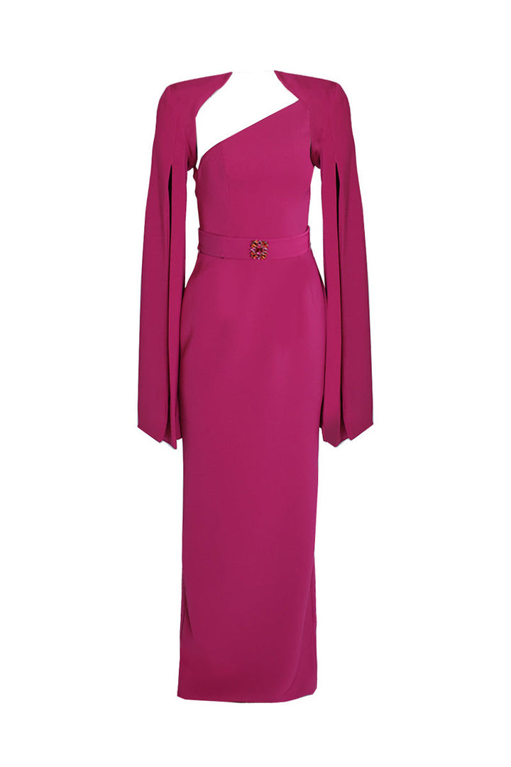 فستان غير متماثل بكتف واحد وأكمام على شكل كيب – الفوشيا