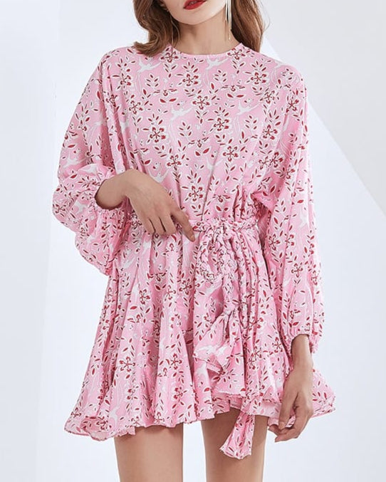 long-sleeve mini dress with belted waist - AURELIAXIN