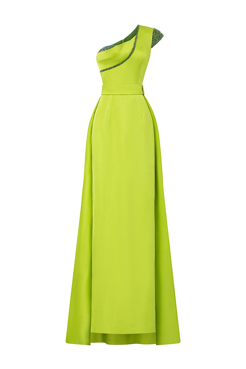 فستان بكتف واحد منحوت مع حافة كريستالية – حمض