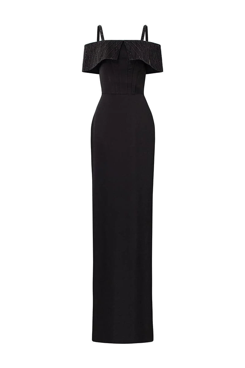 strap column gown with embellished off-shoulder layer – NOIRE