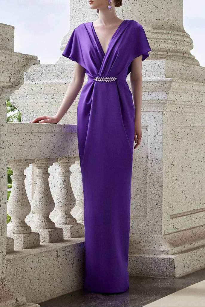 draped V-neck gown with jeweled waist accent – AMETHYSTE