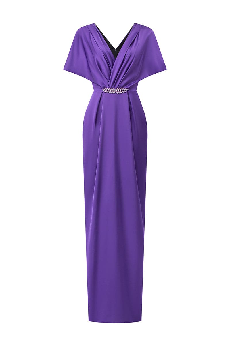 draped V-neck gown with jeweled waist accent – AMETHYSTE