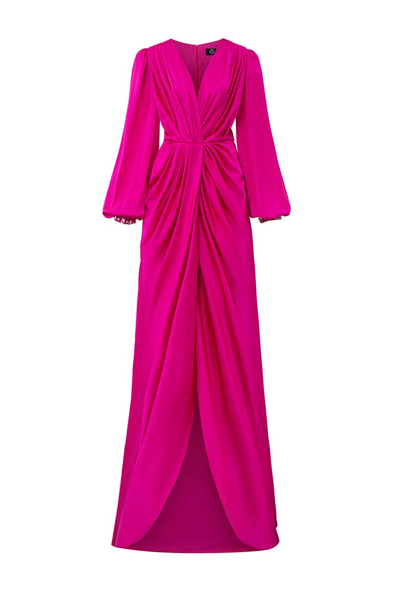 draped satin gown with gathered waist – PEACOCKE