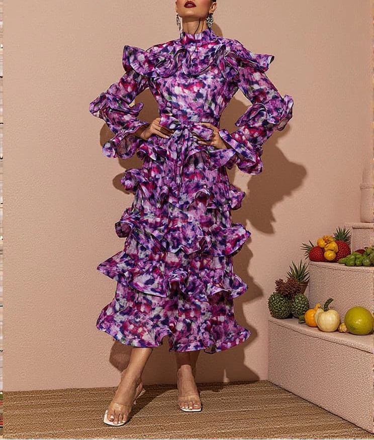 printed ruffle-tier midi dress with high neckline – AMARÉ