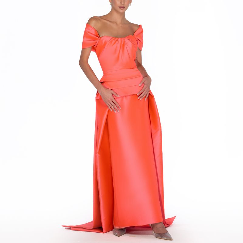 off-shoulder satin gown with draped bodice – CORALINE