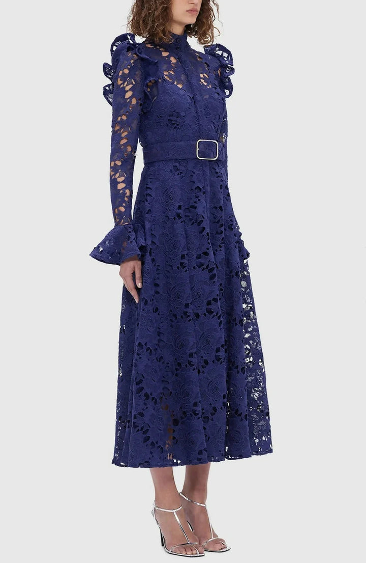 long-sleeve lace midi dress with ruffled shoulders – IVORIE