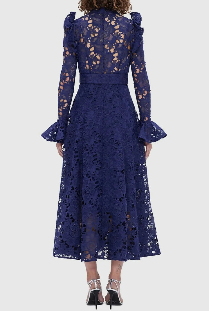 long-sleeve lace midi dress with ruffled shoulders – IVORIE