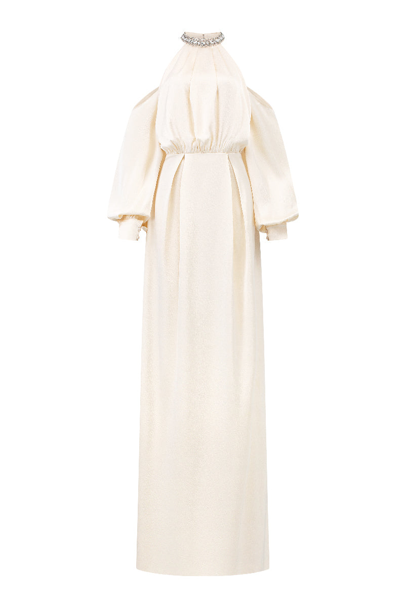 فستان مكشوف الكتفين مع رقبة مزينة على شكل هالتر – أميرة