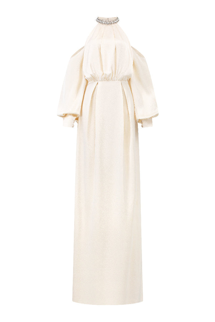 فستان مكشوف الكتفين مع رقبة مزينة على شكل هالتر – أميرة