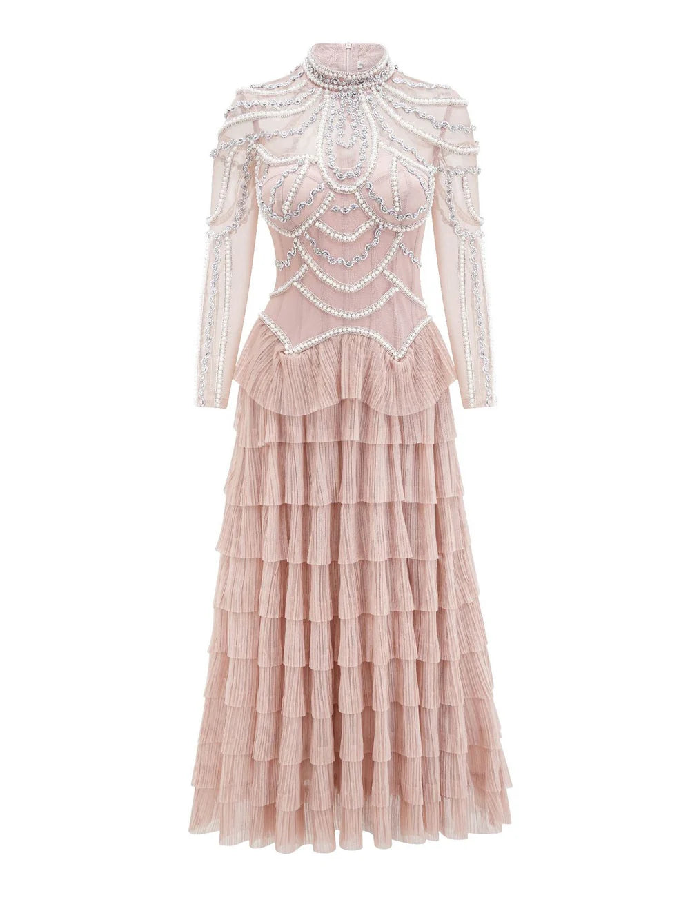 embellished high-neck tulle maxi dress with tiered skirt – SERAPHINA