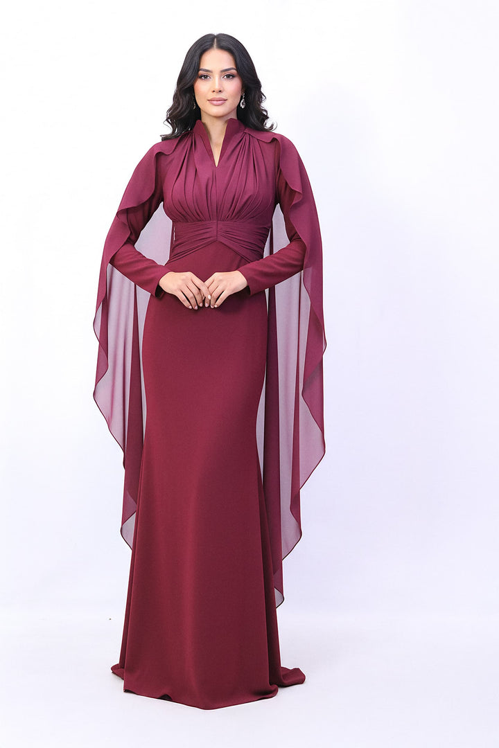 draped high-neck gown with chiffon cape sleeves – MERLOT