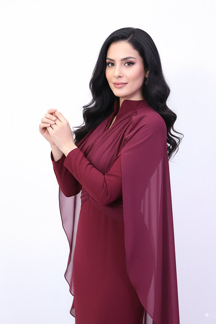 draped high-neck gown with chiffon cape sleeves – MERLOT