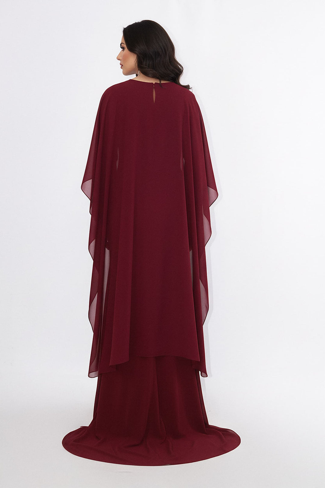 draped high-neck gown with chiffon cape sleeves – MERLOT