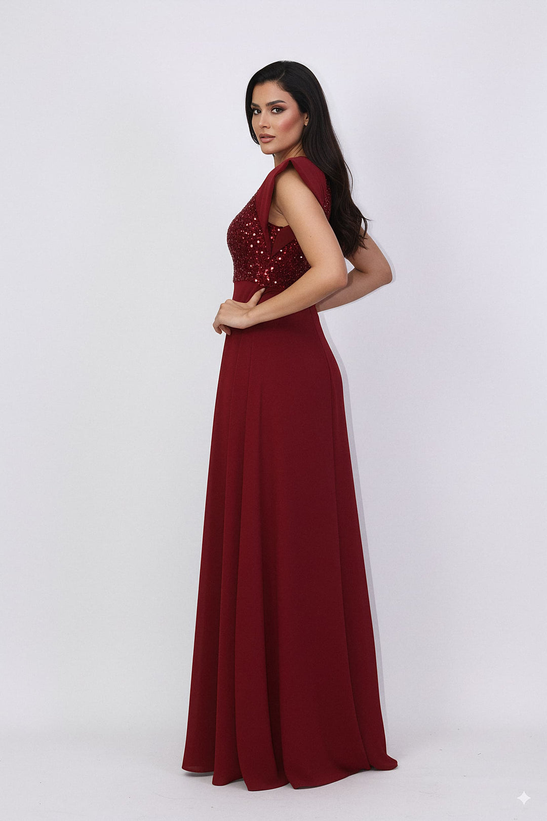 sleeveless gown with sequined bodice and structured cape shoulders – RELYE