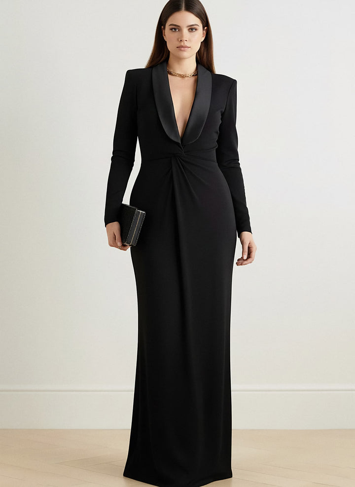 Plunging tuxedo gown with gathered waist – Zaydee-1