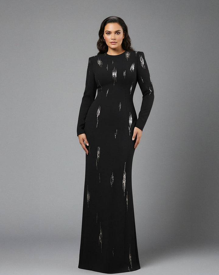 Long-Sleeve Column Dress with Metallic Embellishments - STELLAR-1
