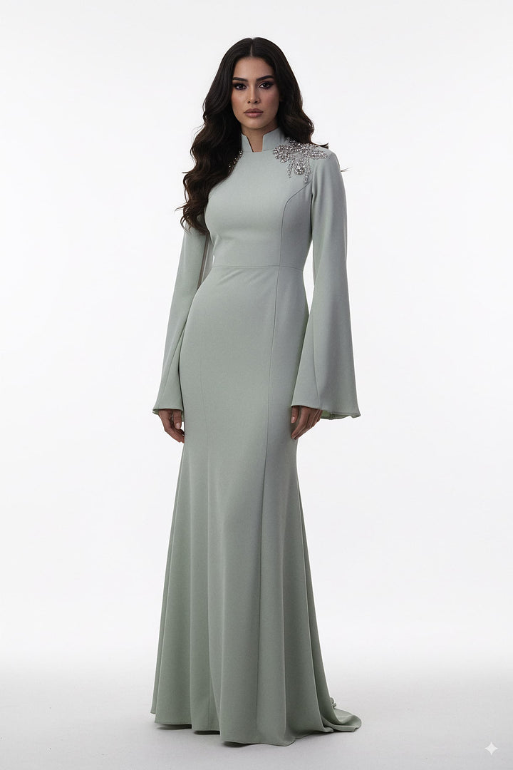 long-sleeve mermaid gown with embellished shoulder – SEGE