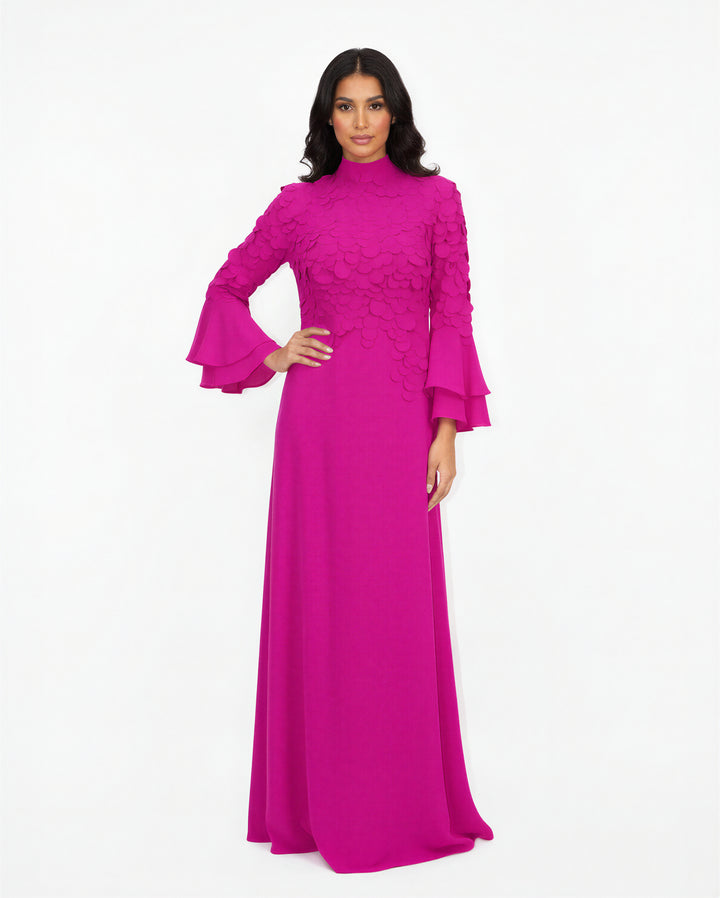 scalloped-texture long-sleeve gown with flared cuffs – AMARA
