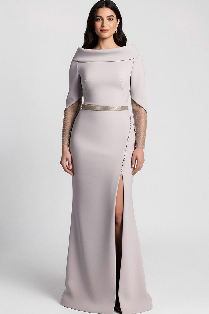 Off-shoulder gown with sheer embellished sleeves and slit – SELVI-1