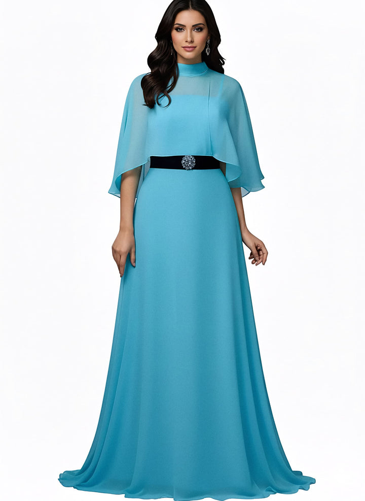 Chiffon gown with cape overlay and velvet belt – Zorica-1