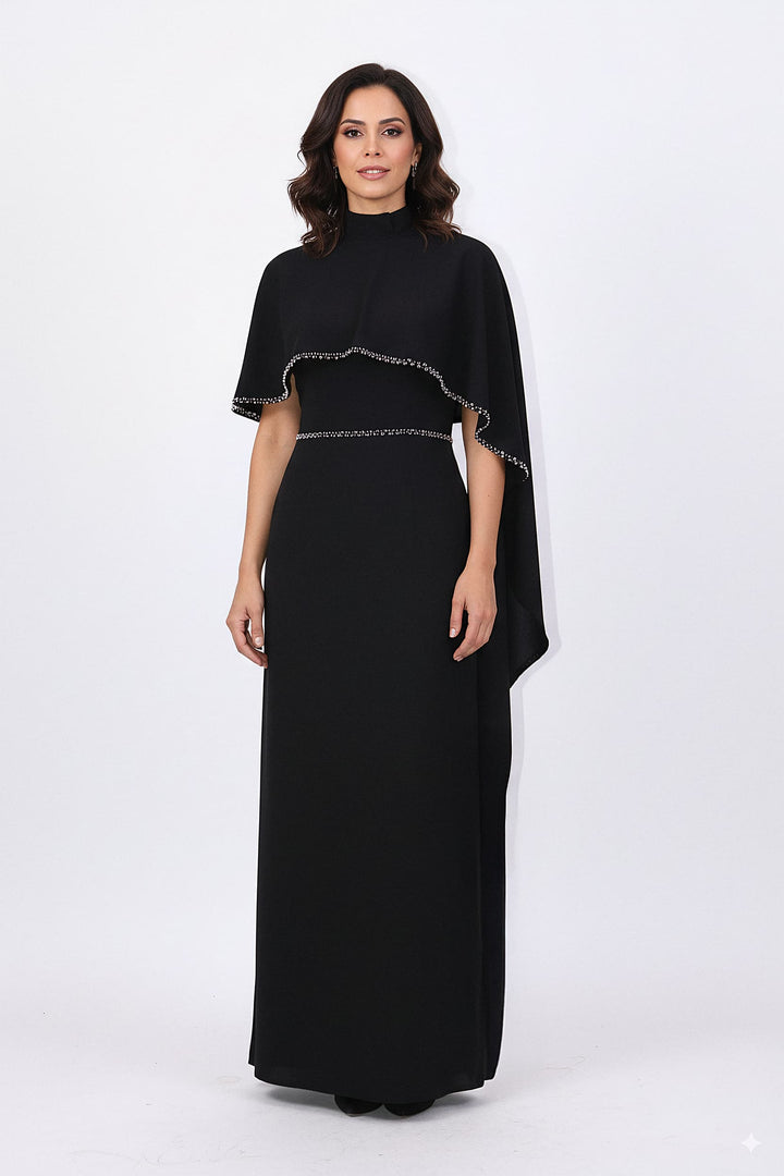 high-neck column gown with embellished cape – VORIN