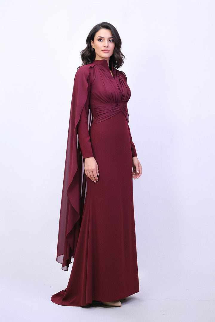 draped high-neck gown with chiffon cape sleeves – MERLOT