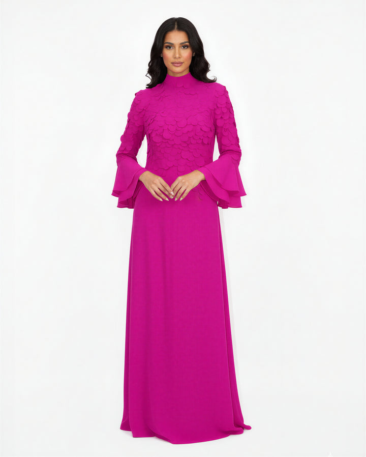 scalloped-texture long-sleeve gown with flared cuffs – AMARA