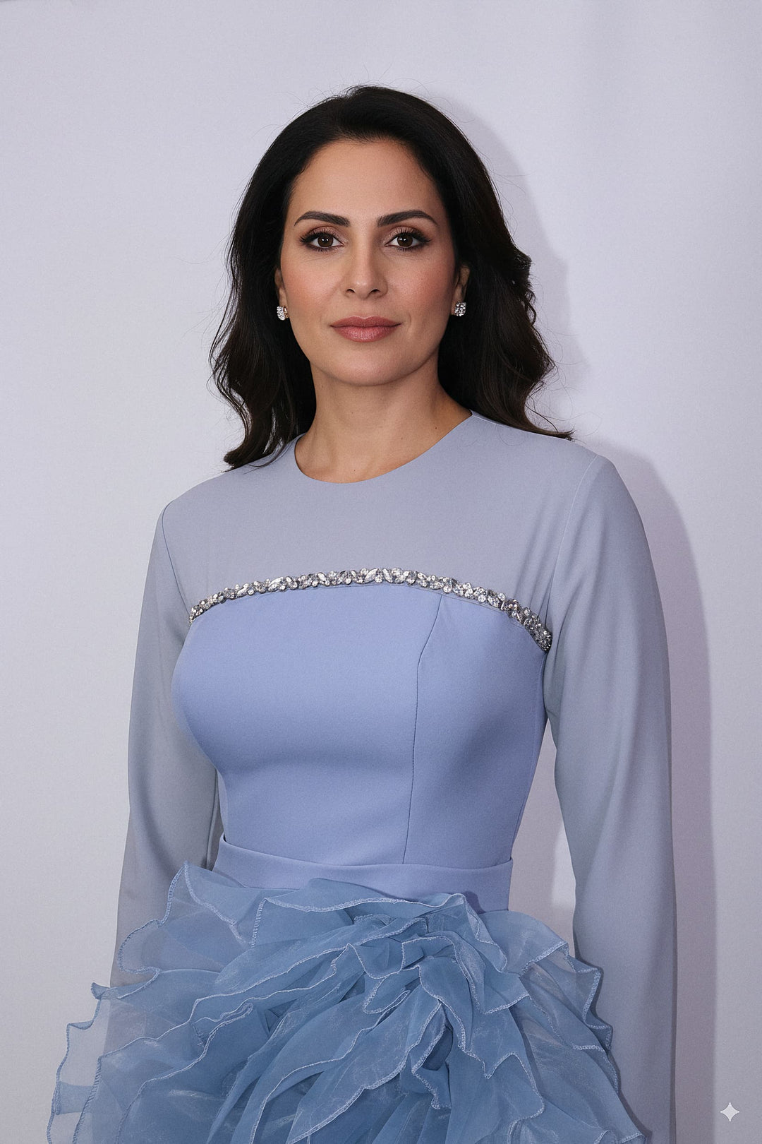 long-sleeve gown with crystal trim and tiered ruffle skirt – AZEIRA