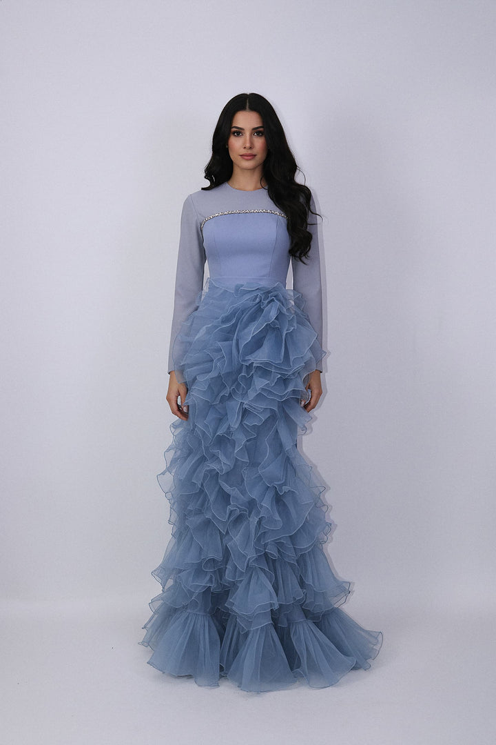 long-sleeve gown with crystal trim and tiered ruffle skirt – AZEIRA