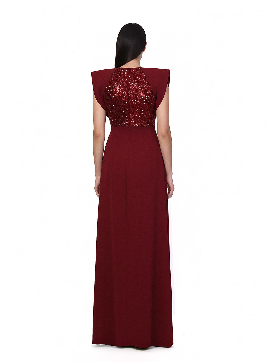 sleeveless gown with sequined bodice and structured cape shoulders – RELYE