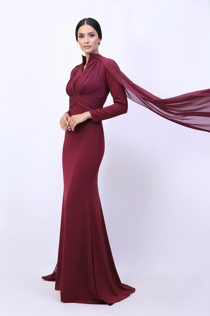 draped high-neck gown with chiffon cape sleeves – MERLOT