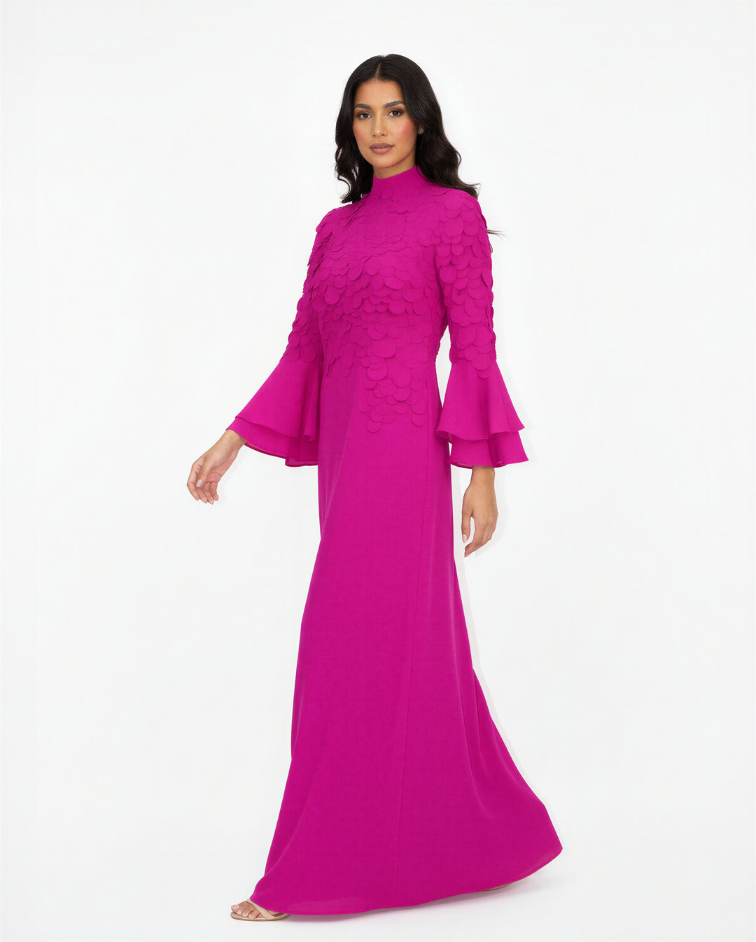 scalloped-texture long-sleeve gown with flared cuffs – AMARA