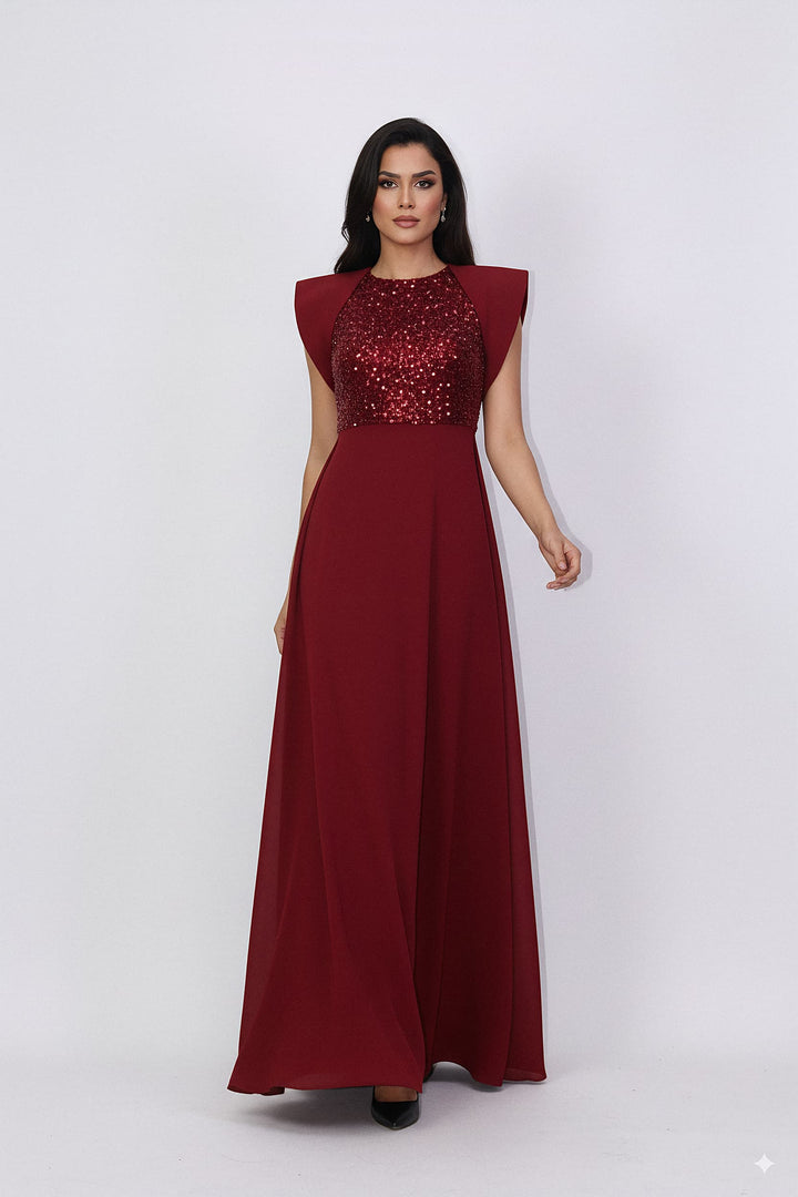 sleeveless gown with sequined bodice and structured cape shoulders – RELYE
