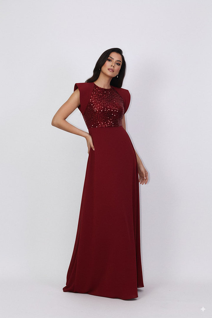 sleeveless gown with sequined bodice and structured cape shoulders – RELYE