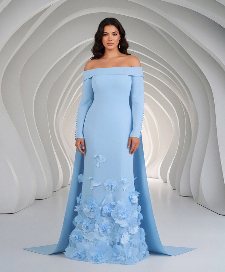 Strapless long sleeve blue dress with 3D flowers - Bolee-1