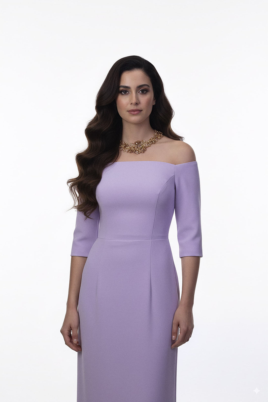 off-shoulder lilac gown with fitted bodice – AMILYA