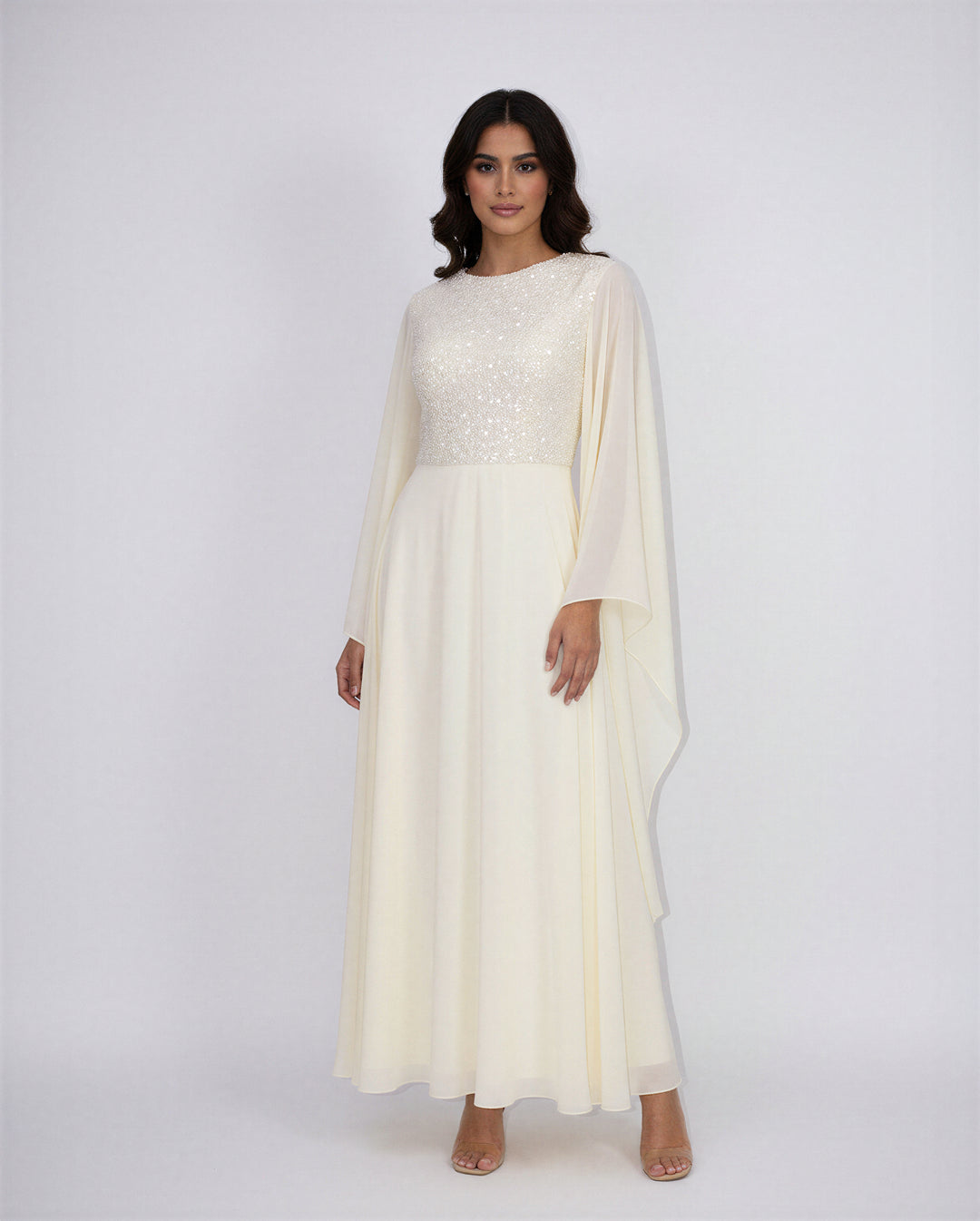 sequin-embellished midi dress with chiffon cape – ESME