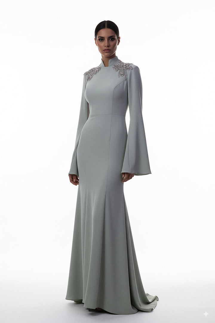 long-sleeve mermaid gown with embellished shoulder – SEGE